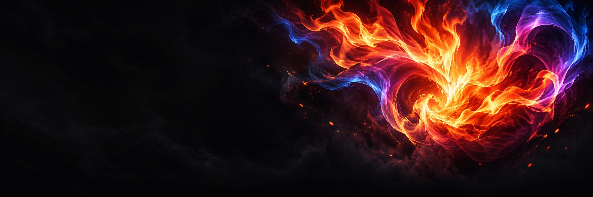 Swirling orange, gold, red, violet and blue flames glow against a dark charcoal background.