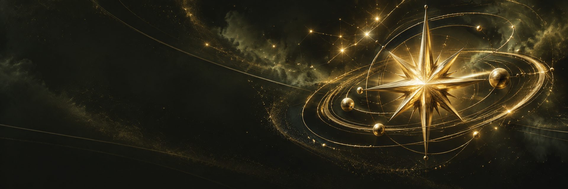 A radiant golden star surrounded by orbital rings and a constellation of lights against a charcoal and muted olive cosmic background.
