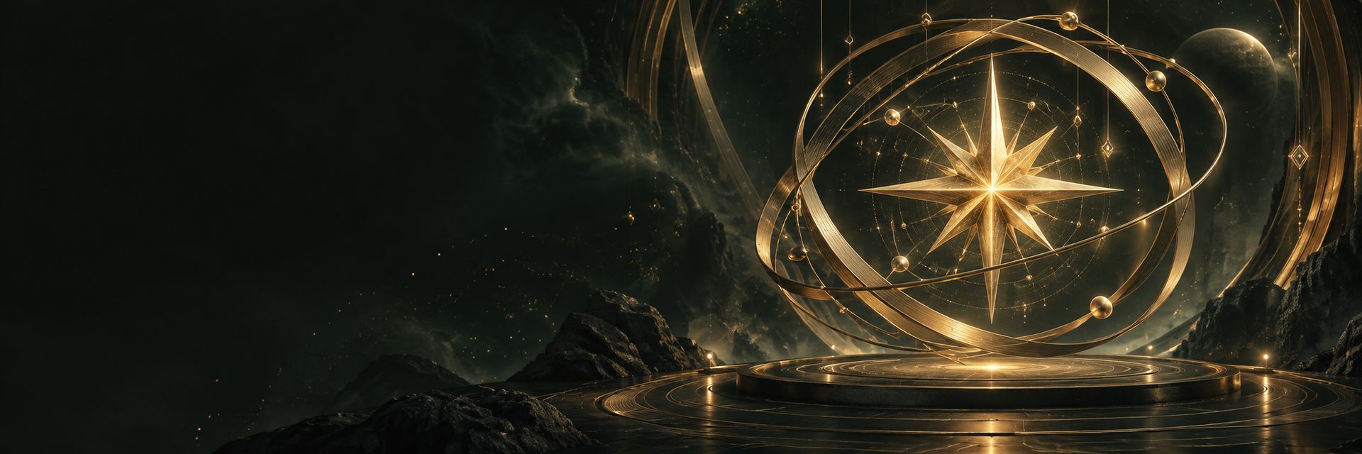 A glowing gold star suspended within bronze orbital rings above a dark charcoal green arena, with open shadowed space to the left.