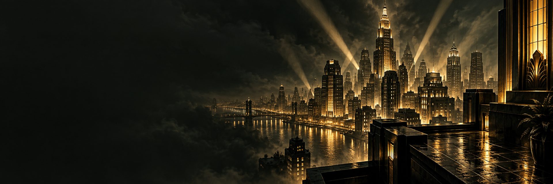 A gold-lit art deco city skyline rises above a dark river at night, with searchlights and open charcoal shadows to the left.